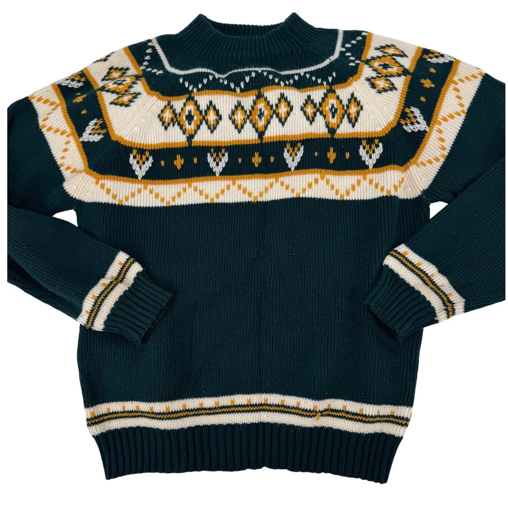 Vintage JCPenney Sweater M  Mock Neck Fair Isle Green‎ Cream Yellow Womens